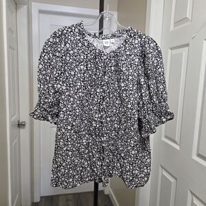 GAP 100% Rayon Floral Print Blouse Black & White Ruffle Sleeve Lightweight Boho